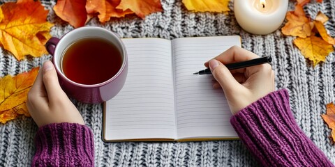 Autumn writing setup tea notebook cozy fall atmosphere