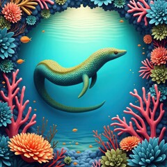 Colorful marine life swims around a vibrant coral reef in the deep blue ocean
