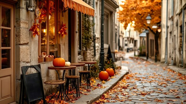 Cozy autumn cafe street rustic pumpkins outdoor decor