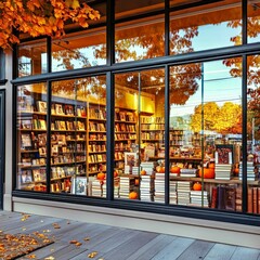 Autumn bookstore window display cozy seasonal interior view