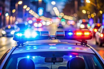 A police light with a transparent dome, red and blue lights inside, metallic base, dark background
