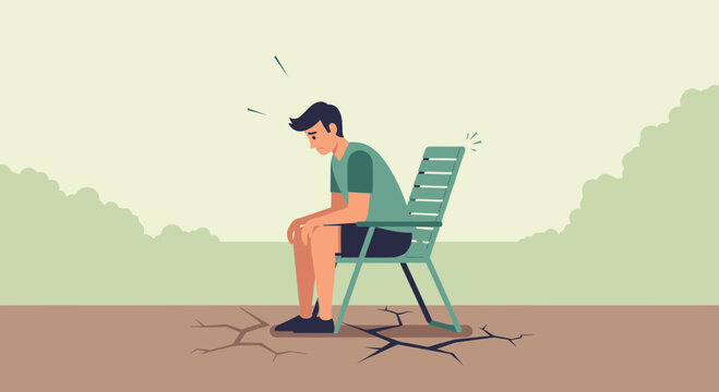 Depressed man sitting on a chair contemplating life during climate change crisis