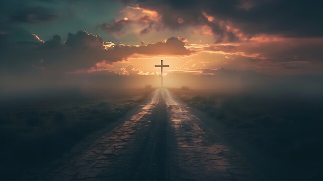A Christian cross stands on a misty road under a dramatic sunset, perfect for spiritual or.
