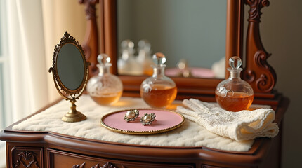 A beautifully arranged vintage vanity setup with a delicate small gold mirror featuring an ornate frame
