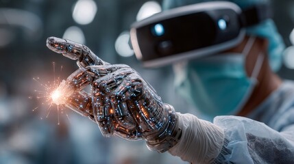 Surgeon testing advanced robotic arm movement with VR headset in modern medical facility