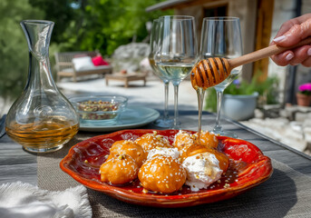 Traditional Greek Loukoumades with honey served in a Greek village cafe
