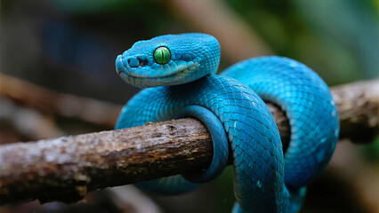 Vibrant blue pit viper with striking green eyes coils on a branch, showcasing intricate scales and a mesmerizing gaze.