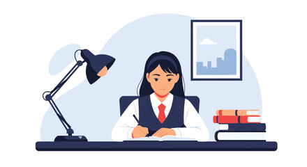 Fototapeta premium Diligent Student In Uniform Studying At Her Desk With Books And Lamp