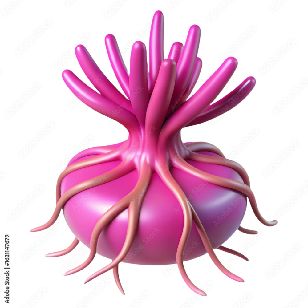 Poster pink abstract 3d render of a biological cell structure with tentacle-like projections