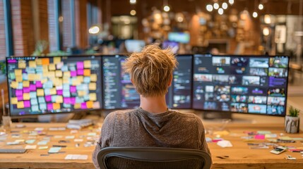 Tech worker focused at a modern standing desk with large monitor