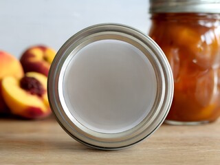 Blank metal canning jar lid sticker label product mockup with fresh peaches and glass jar of canned peaches in background