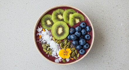 Vibrant Acai Bowl with Kiwi, Blueberries, Seeds, and Coconut Flakes