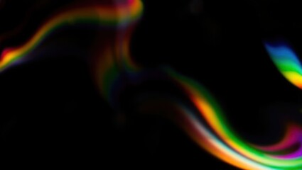 Blurred rainbow refraction overlay effect. Light lens prism effect on black background. Holographic reflection, crystal flare leak shadow overlay. Colorful rainbow disco ball light