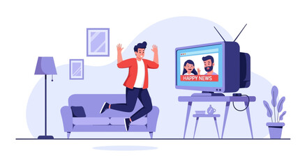 Fototapeta premium Excited Man Jumping And Celebrating Positive News Broadcast On Television