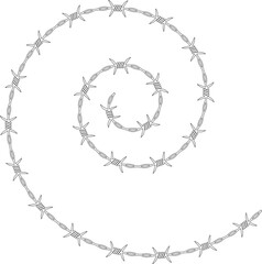 Barbed wire forming a continuous spiral line with barbs evenly spaced along its curve.