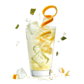 yuzu citrus green tea in a clean-edge glass with citrus zest spiral and floating ice shards, white background