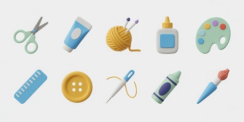 Set of 10 3D icons for arts and crafts isolated on a white background