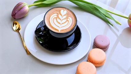 Delicate latte art crowning steaming coffee, surrounding golden spoon, pastel macarons, soft tulips decorating pristine white surface for elegant morning moment