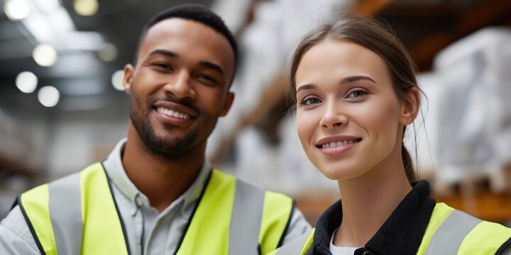 Young diverse adults smiling in warehouse setting wearing safety vests - Powered by Adobe