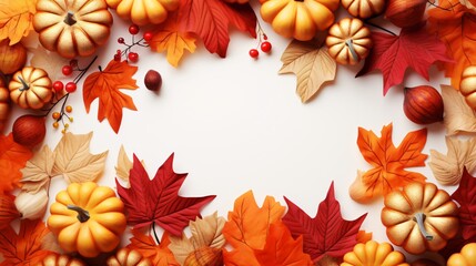 Utumn pumpkins and leaves on white, fall season background, harvest