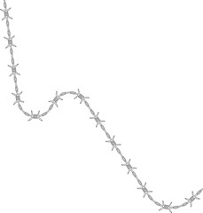 Barbed wire forming a line with abrupt shifts in direction and barbs distributed along its length.