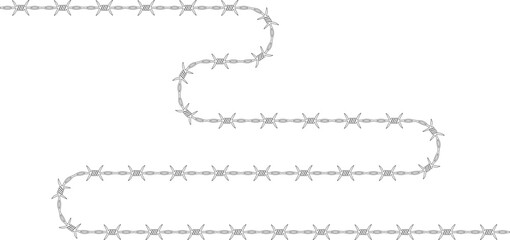 Barbed wire following a flowing sinuous line with barbs evenly distributed along its path.