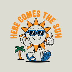 Happy cartoon sun character wearing sunglasses and giving thumbs up with a palm tree