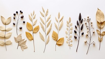  botanical arrangement with dried leaves and berries on white