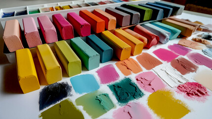 Colorful artists' chalk pastels resting-on on a piece of paper with sample test squares