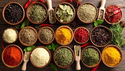 Fototapeta premium Aromatic Culinary Palette Vibrant Spices and Herbs in Wooden Bowls on a Rustic Table.