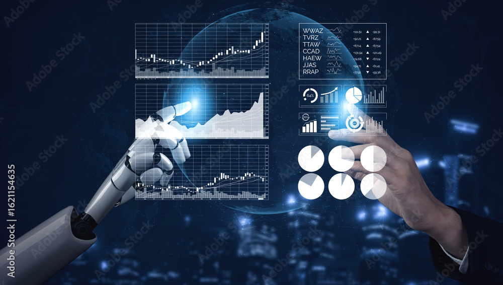 Poster a futuristic scene depicting a robotic hand interacting with data graphs in a high-tech setting, sym
