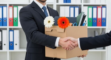 Professional handshake seals new beginning as man carries box of belongings with flowers, symbolizing career change or departure
