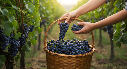 Vineyard worker's hands are carefully placing ripe blue grapes into wicker basket, surrounded by vibrant green vines and soft sunlight, illustrating art of grape harvesting in picturesque vineyard