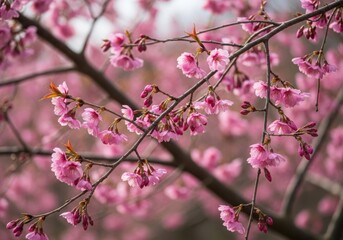 Fototapeta premium Pink cherry blossoms bloom on a tree branch in the springtime
