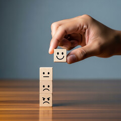 A hand placing a wooden block with a happy face on top of a stack of blocks with other expressions.