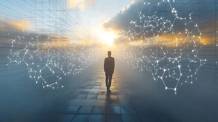 Silhouette of a person walking forward on a path, surrounded by a network graphic.