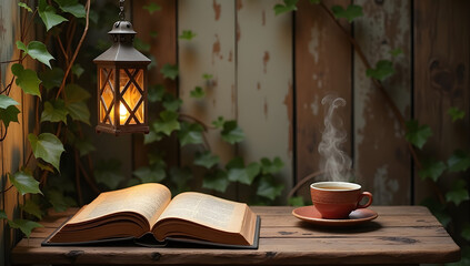A cozy vintage reading nook with a hanging lantern .