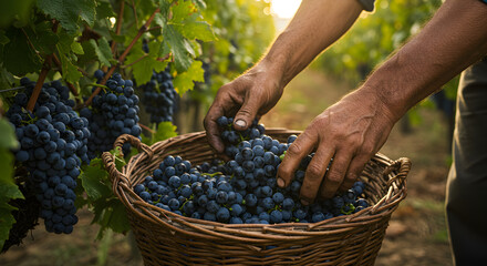 Vineyard worker's hands are carefully placing ripe blue grapes into wicker basket, surrounded by vibrant green vines and soft sunlight, illustrating art of grape harvesting in picturesque vineyard