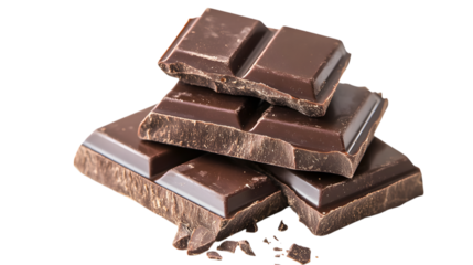 A chocolate bar is cut into four pieces and is piled on top of each other. Concept of indulgence and pleasure, as the chocolate is a popular treat that many people enjoy