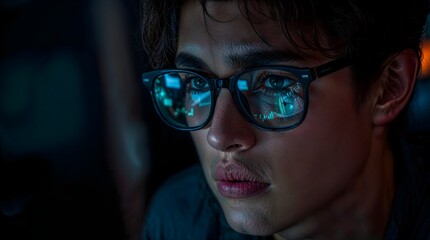 Focused Young Man Wearing Glasses Working on Computer at Night with Trading Charts Reflected on Lenses – E-Money and Finance Concept

