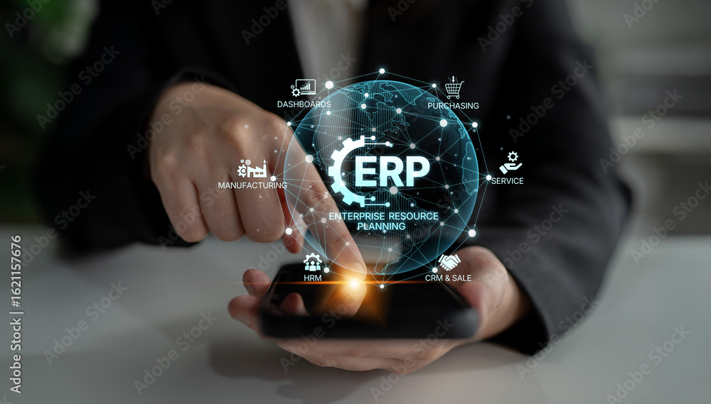 Poster erp platform visual showing centralized system for enterprise resource planning, improving integrati