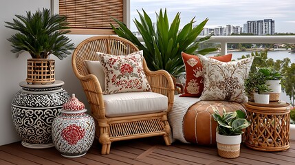Rattan armchair styled on modern balcony space high resolution images