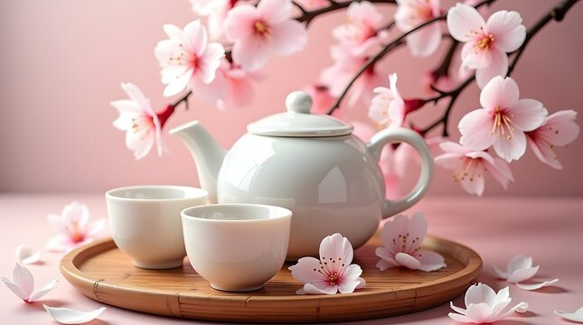 A delicate cherry blossom themed tea setup with a translucent porcelain teapot
