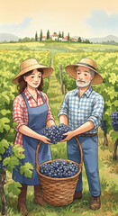 Illustration of people grape harvester in vineyard, selecting ripe grapes with a basket nearby, surrounded by rows of green vines and a serene landscape, highlighting the beauty of agricultural work.