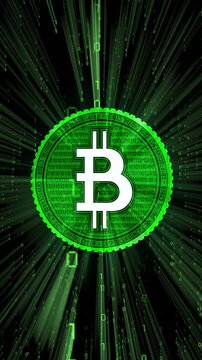 Rotating bitcoin, matrix style binary code in background - 3D 4k vertical animation (2160 x 3840 px)