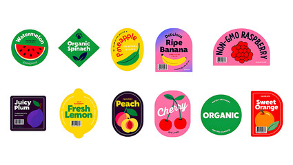 Collection of Colorful Fruit and Vegetable Labels for Fresh Produce