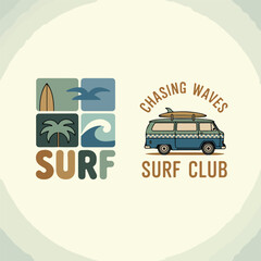 Retro surf van and surf club logo with palm trees and ocean waves