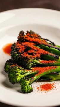 Grilled broccolini with red spices on a white plate. Healthy charred tenderstem broccoli, a delicious vegetarian side dish.