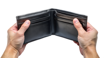 Hands Holding Open Empty Wallet Revealing Financial Hardship on transparent background Image
