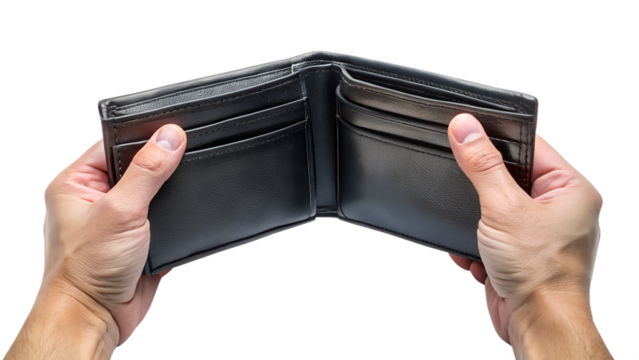 Hands Holding Open Empty Wallet Revealing Financial Hardship on transparent background Image